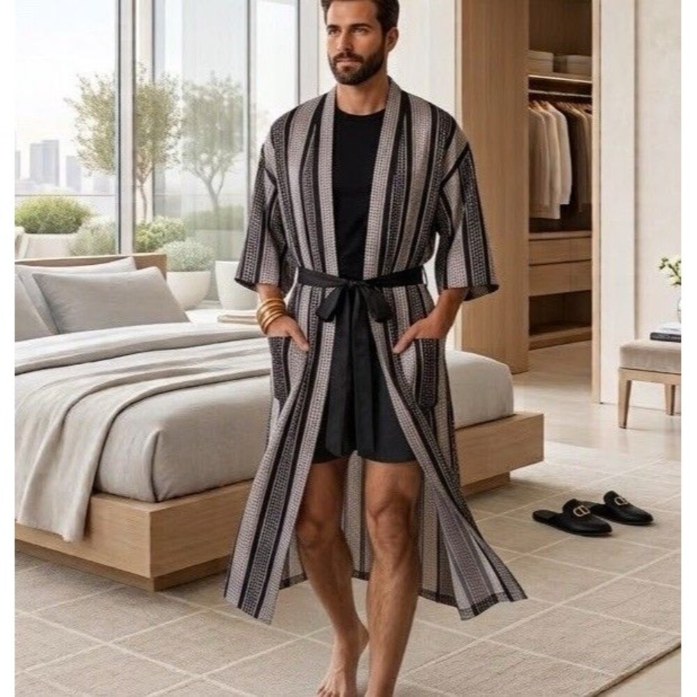 VTG Christian Dior Monsieur Satin Kimono Robe OS Geometric ModDeco Belted Duster